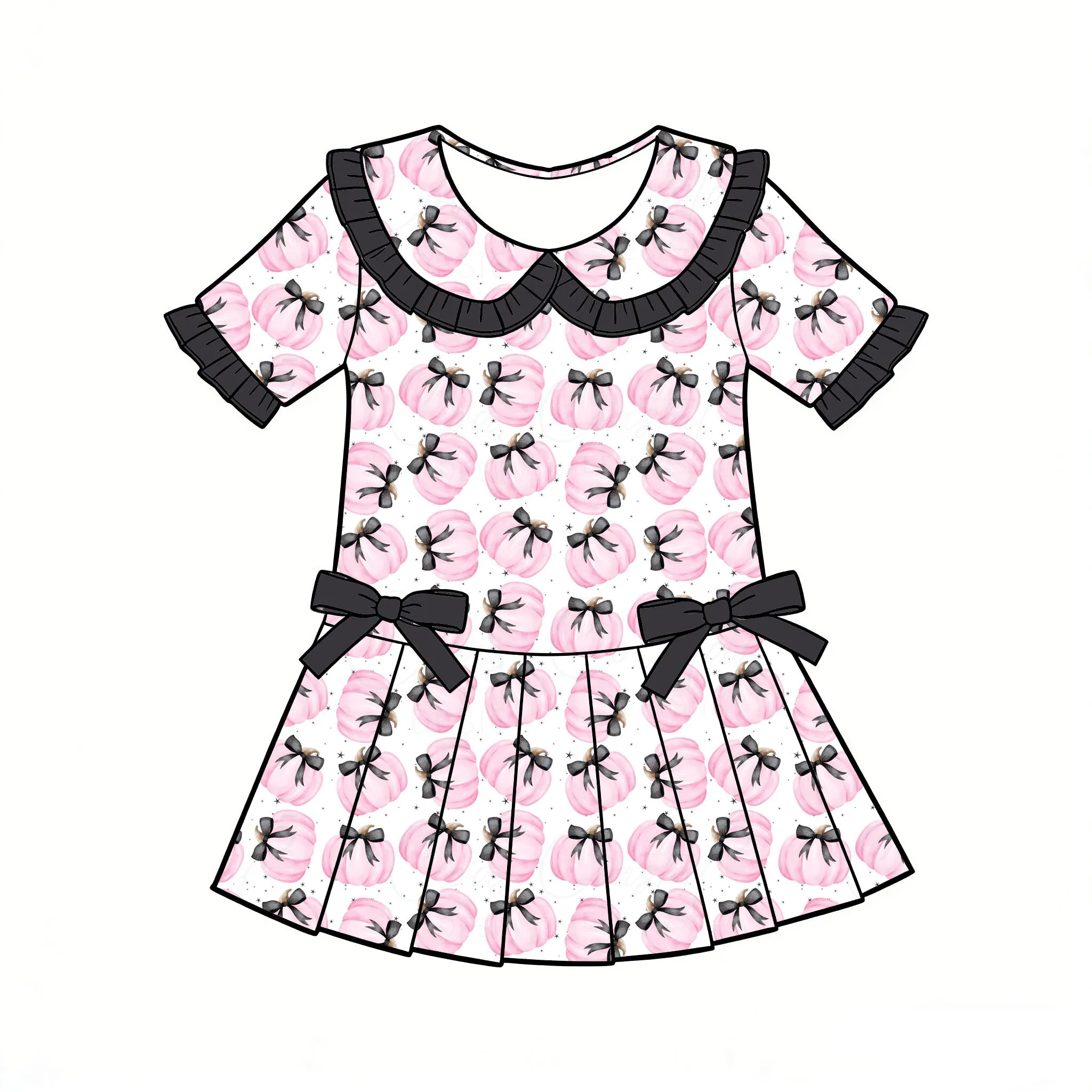 Boutique Girls' Dress Collared Ruffle Short-Sleeved Dress Bow Decorations Thanksgiving Day Pumpkin Bow Print Wholesale Custom