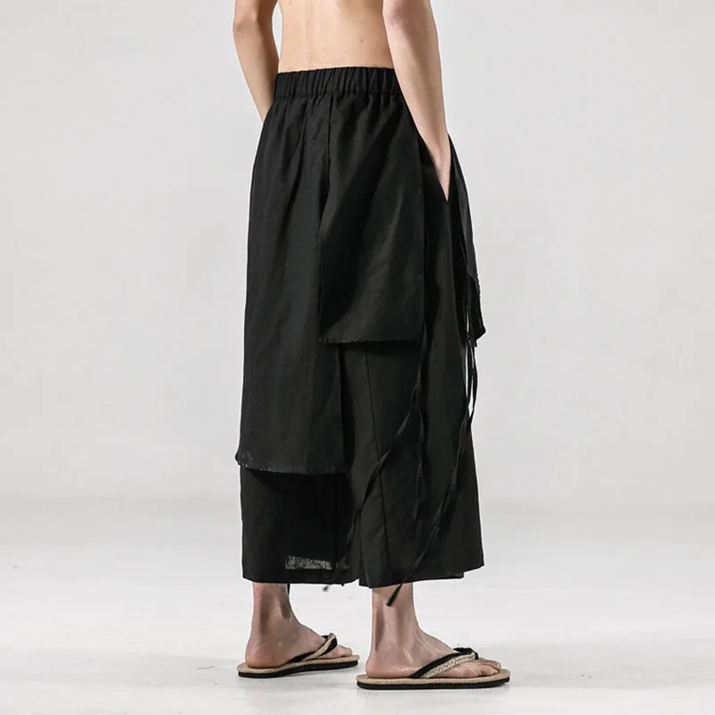 Men\'s Linen Casual Pants Jogging Trousers Elastic Waist Loose Irregular Culottes Street Style Harajuku Straight Wide Leg Pants