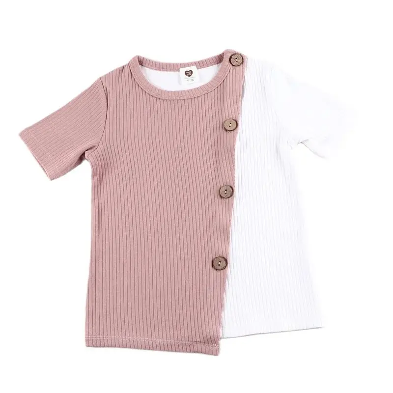 Boys t-shirt two colors tee front buttons summer short sleeves ribbed t-shirt boy and girls casual round neck top