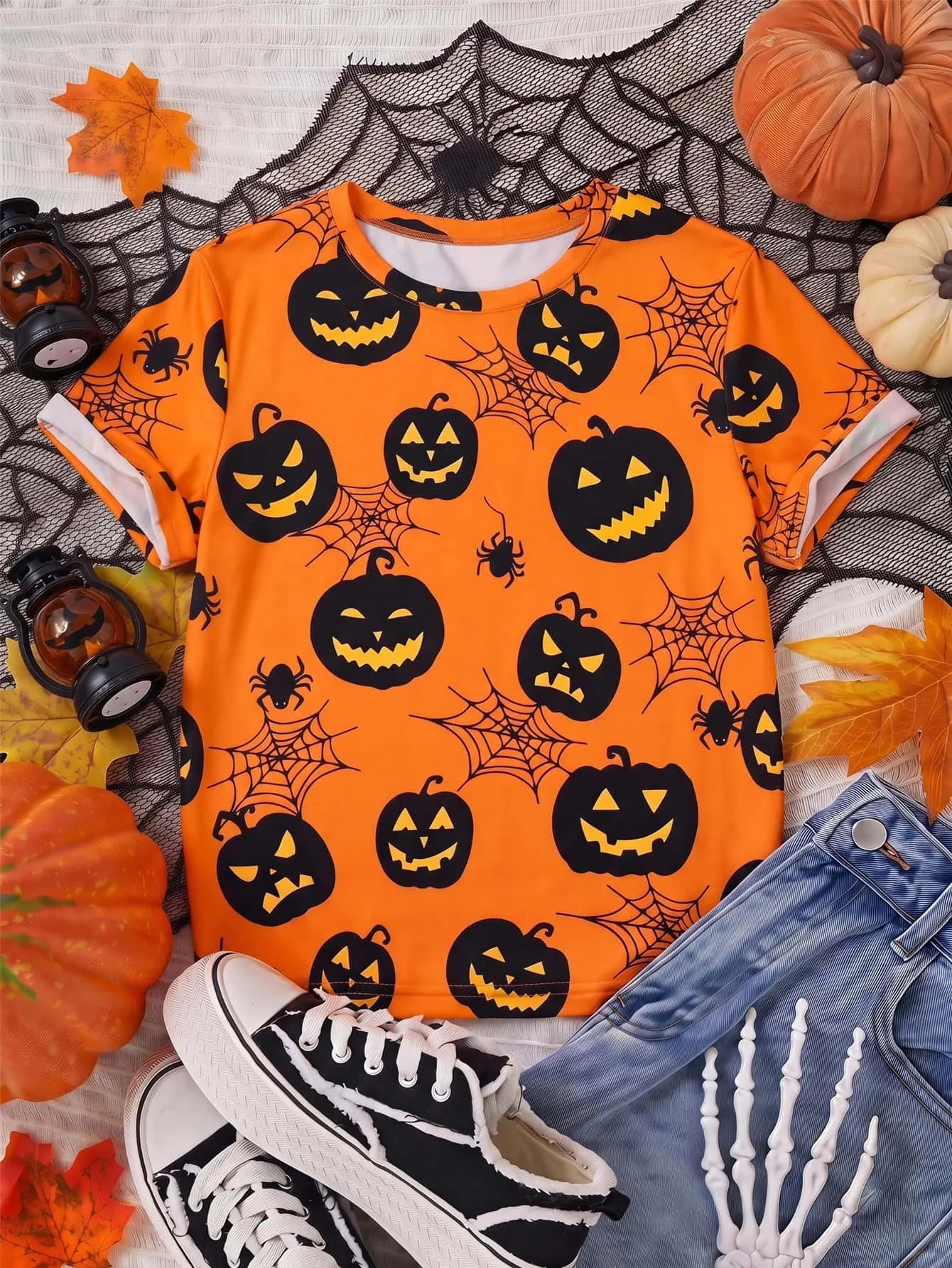 Halloween Printed Pumpkin Spider Short Sleeved T-shirt, Orange Round Neck Casual Top, Festive Party Atmosphere, Unisex Style