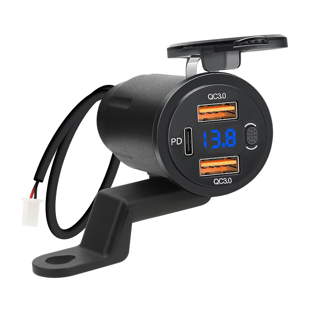 

78W 3-Ports Dual PD3.0+QC3.0 Motorcycle USB Fast Charger Socket Handlebar Mount Waterproof With Voltmeter Digital Charge