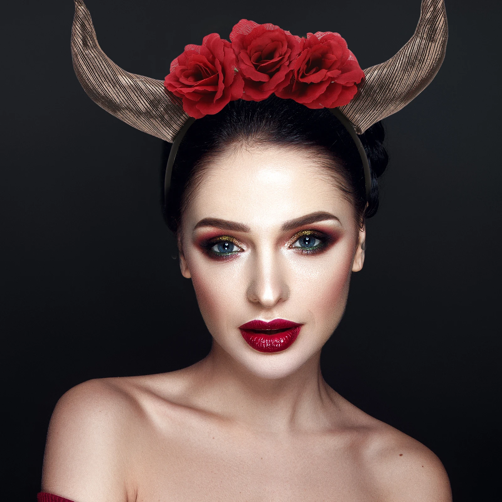 

Day of The Dead Headb Red Horn Headdress Hair Accessories for Women Christmas Party Cosplay Props Flower Horns Headpiece