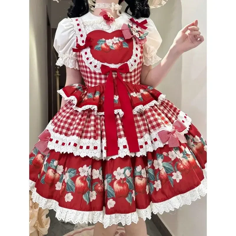 

Vintage Sweet Lolita 2 Piece Set Women Kawaii White Shirt Bow Ruffles Strawberry Print Strap Dress Japanese Fashion Dress Suit