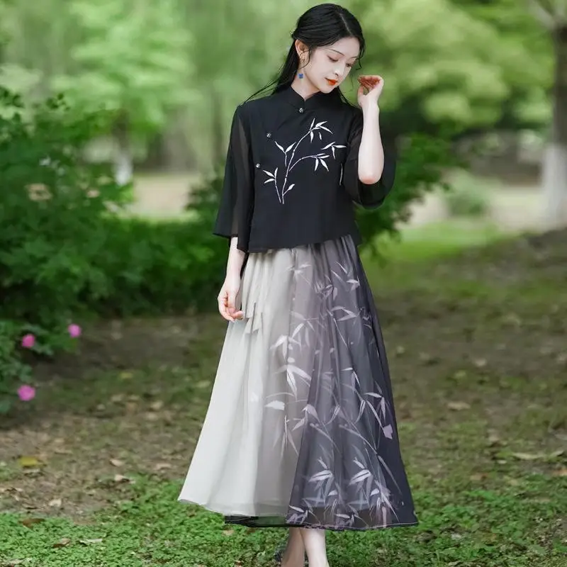 Chinese Traditional Dress Woman Hanfu Streetwear Casual Clothing Vintage Ethnic Ink Wash Style Fashion Spring Summer Clothes