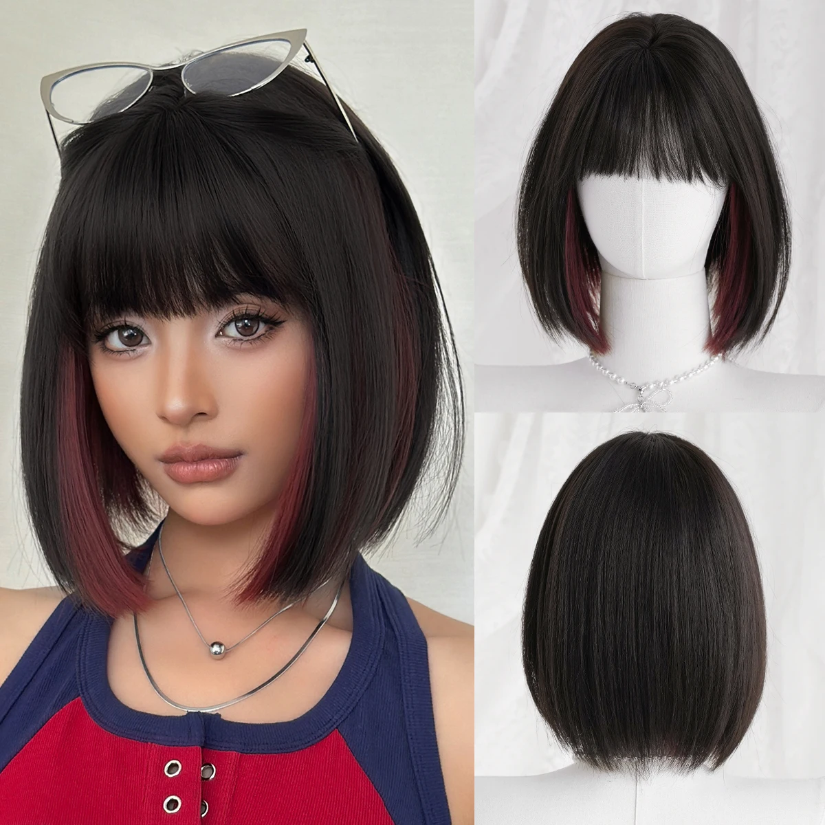 7JHH WIGS Kurze, glatte, schwarze Perücke mit dunkelroten Highlights für Damen, synthetische, geschichtete, modische Perücke zum sofortigen Tragen mit ordentlichem Pony