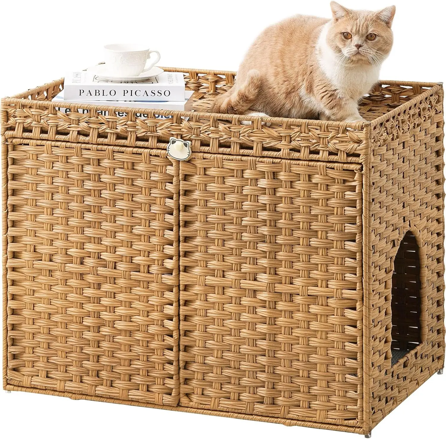 

Rattan Cat Litter Box Enclosure Furniture with Mat, Large Hidden Cat House with 2 Hooks for Living Room