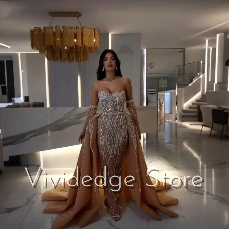 

Роскошные вечерние платья цвета шампанского для арабских женщин со стразами, подходящие по индивидуальному заказу, съемные платья для выпускного вечера со шлейфом
