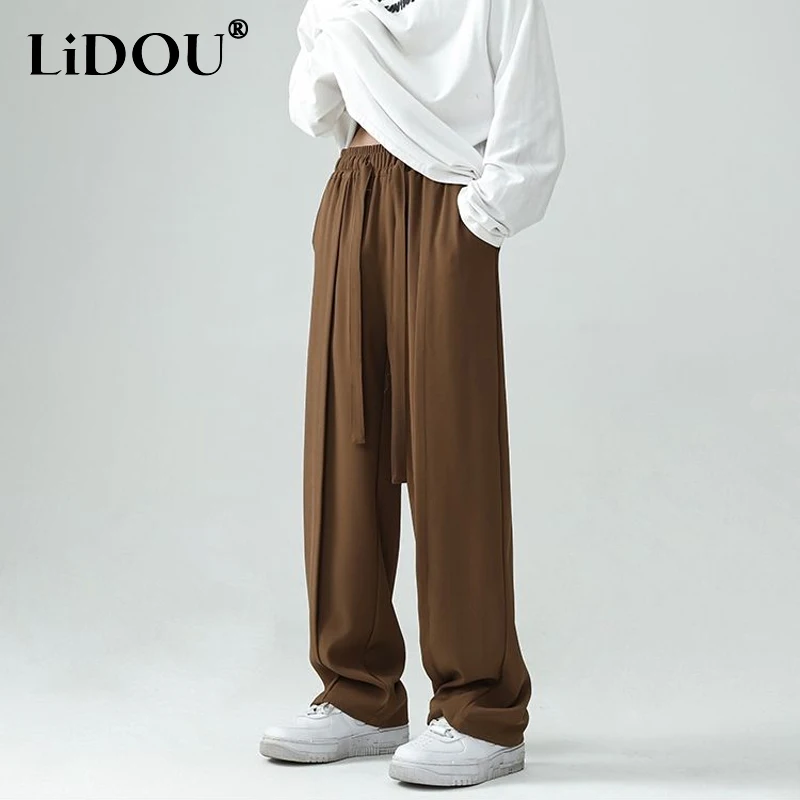 

2023 Spring Autumn Solid Color Fashion Elastic Waist Drawstring Wide Leg Trousers Man Casual High Street Vintage Straight Pants