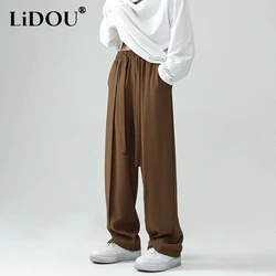 2023 Spring Autumn Solid Color Fashion Elastic Waist Drawstring Wide Leg Trousers Man Casual High Street Vintage Straight Pants