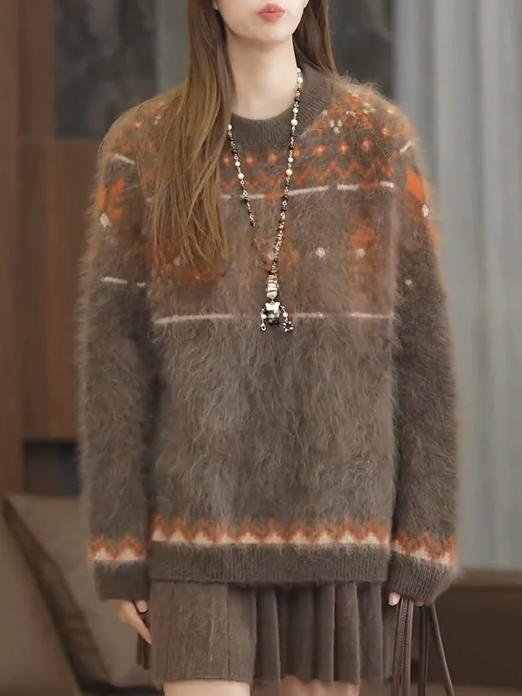 

Ретро-вязаный свитер с длинными рукавами, осенне-зимняя новинка, большие размеры, модный универсальный топ для женщин, стройнящий силуэт.