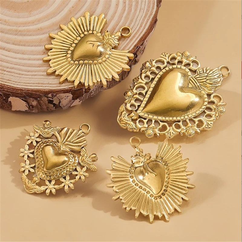 20Pcs/Lot 18K Gold Plated Stainless Steel Hollow Sun Heart Charms for DIY Pendant Necklace Jewelry Findings Accessories