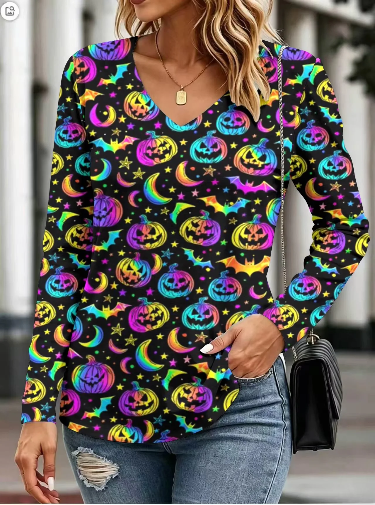 Women’s Casual Tops Street Style Halloween Pumpkin Head Funny 3D Print Women’s Loose V-Neck Long Sleeve T-Shirt Holiday T-Shirt 2 Women's Casual Tops Street Style Halloween Pumpkin Head Funny 3D Print Women's Loose V-Neck Long Sleeve T-Shirt Holiday T-Shirt 2
