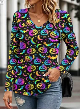 Women's Casual Tops Street Style Halloween Pumpkin Head Funny 3D Print Women's Loose V-Neck Long Sleeve T-Shirt Holiday T-Shirt 2 Women's Casual Tops Street Style Halloween Pumpkin Head Funny 3D Print Women's Loose V-Neck Long Sleeve T-Shirt Holiday T-Shirt 2