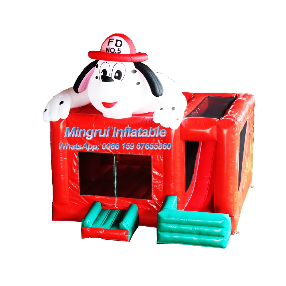 

Inflatable Red Wearing a Cap, Dalmatian Bouncing House with Slide, White and Blue