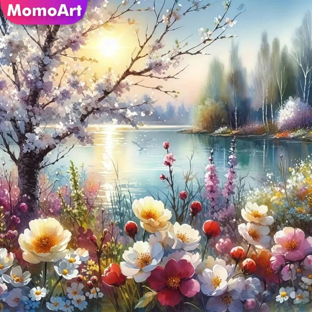 Momoart New Arrival Diamond Painting River Sunset Landscape Pattern for Adults Beginners DIY Flower Mosaic Tree Handmade Hobby