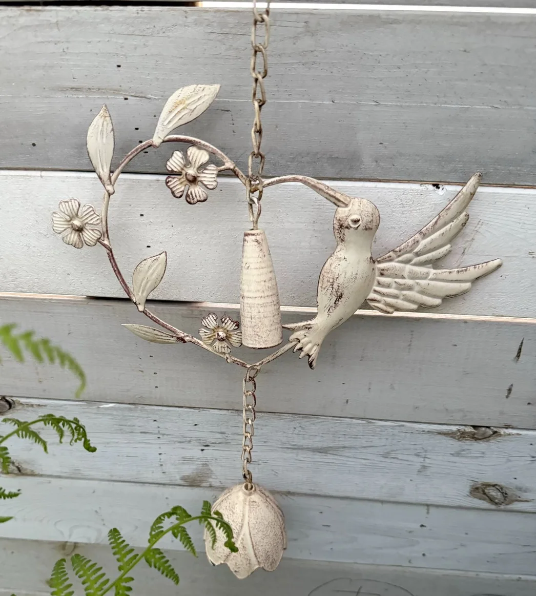 Decorative Metal Hummingbird Wind Chime, 39.4H x 9.8W inches, White Distressed Finish with Floral Design, Garden Hanging Ornamen
