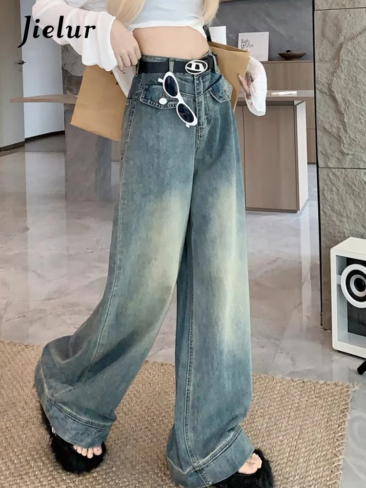 Jielur Vintage Loose Slim Full Length Women Jeans Straight Fashion Casual Streetwear Simple Female Wide Leg Pants Office Lady