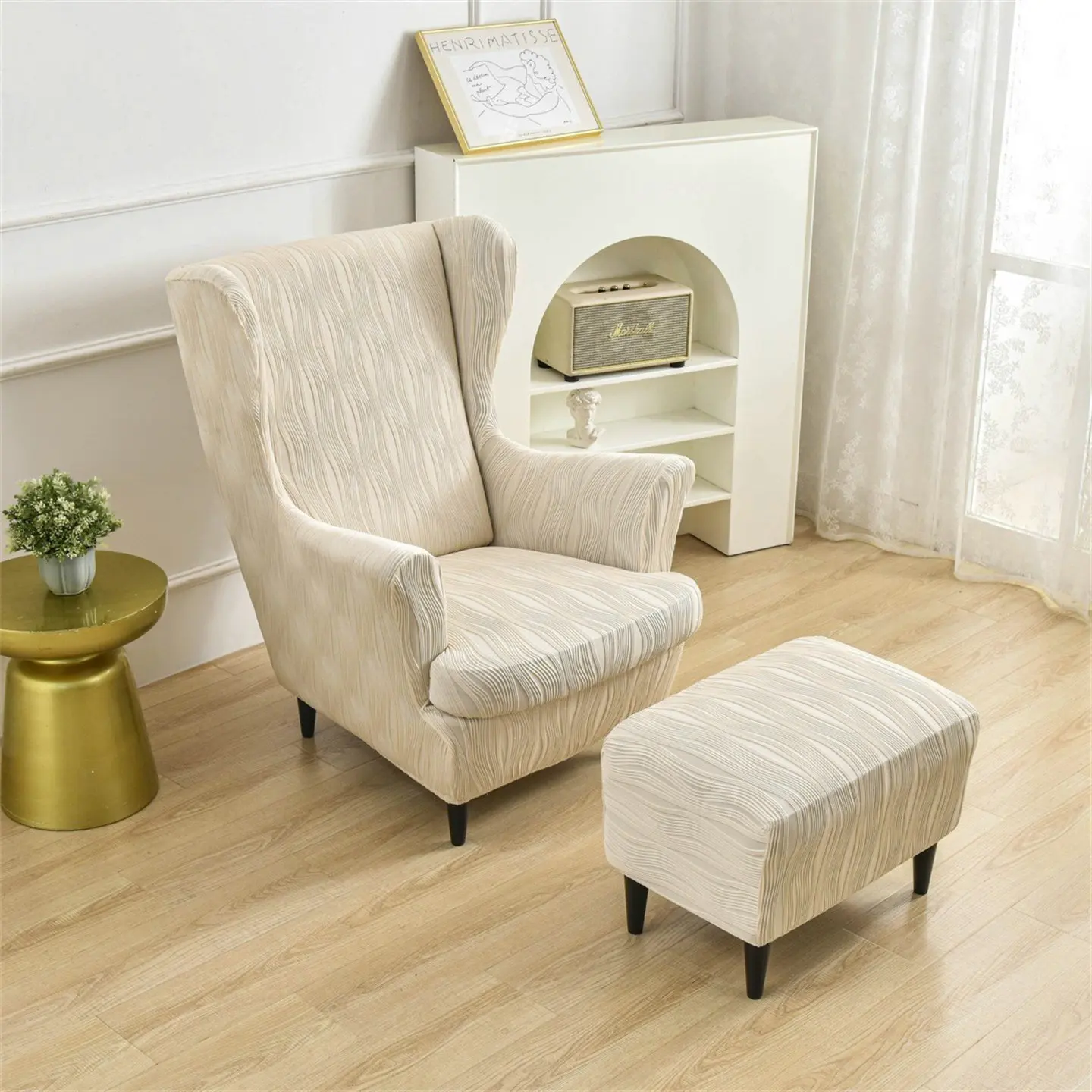 New Striped Wing Chair Covers Elastic Single Wing Back Sofa Cover All Inclusive with Seat Cushion Cover for Living Room Decor