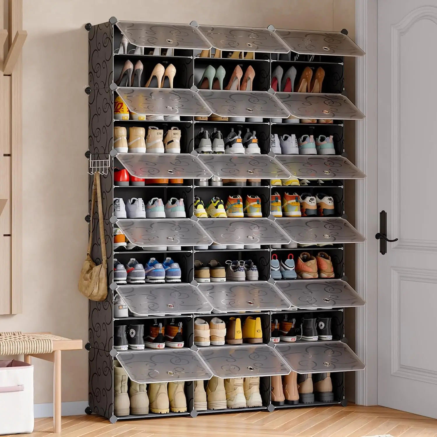 

72-Pairs Shoe Storage Organizer Cabinet,Portable Shoe Rack Organizer with Door,Large DIY Plastic Detachable Shoes Shelves for En