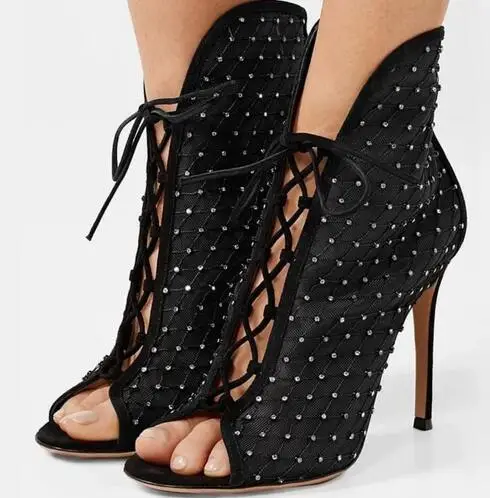Drop Shipping Black Suede Bling Crystal Rhinestone Cross Tied Lace Up Peep Toe Thin Heels Mid-calf Sandals Boots Banquet Pumps