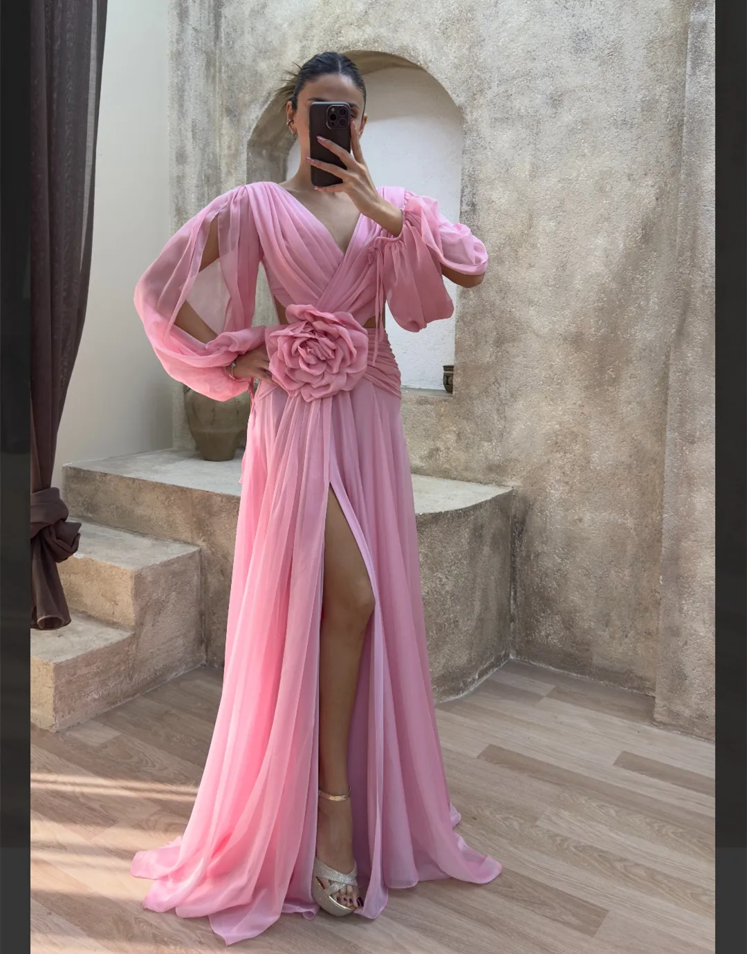 Customized Long Sleeve Pink V-Neck Evening Dresses With Slit/Flower A-Line Pleats Floor Length Prom Dress for Women