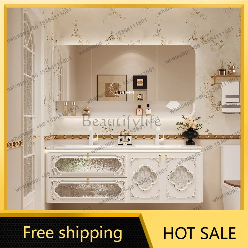 YJ Vintage French Style Solid Wood Bath Vanity Double Wash Basin Set with Heat-Bent Stone Top & Open Storage Mirror Cabinet