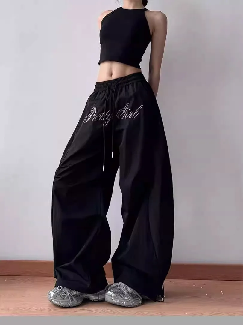 Y2K Pants Women Streetwear Punk Fashion Paratrooper Trousers American Letter Embroidery Wrinkled Draped Wide Leg Casual Style