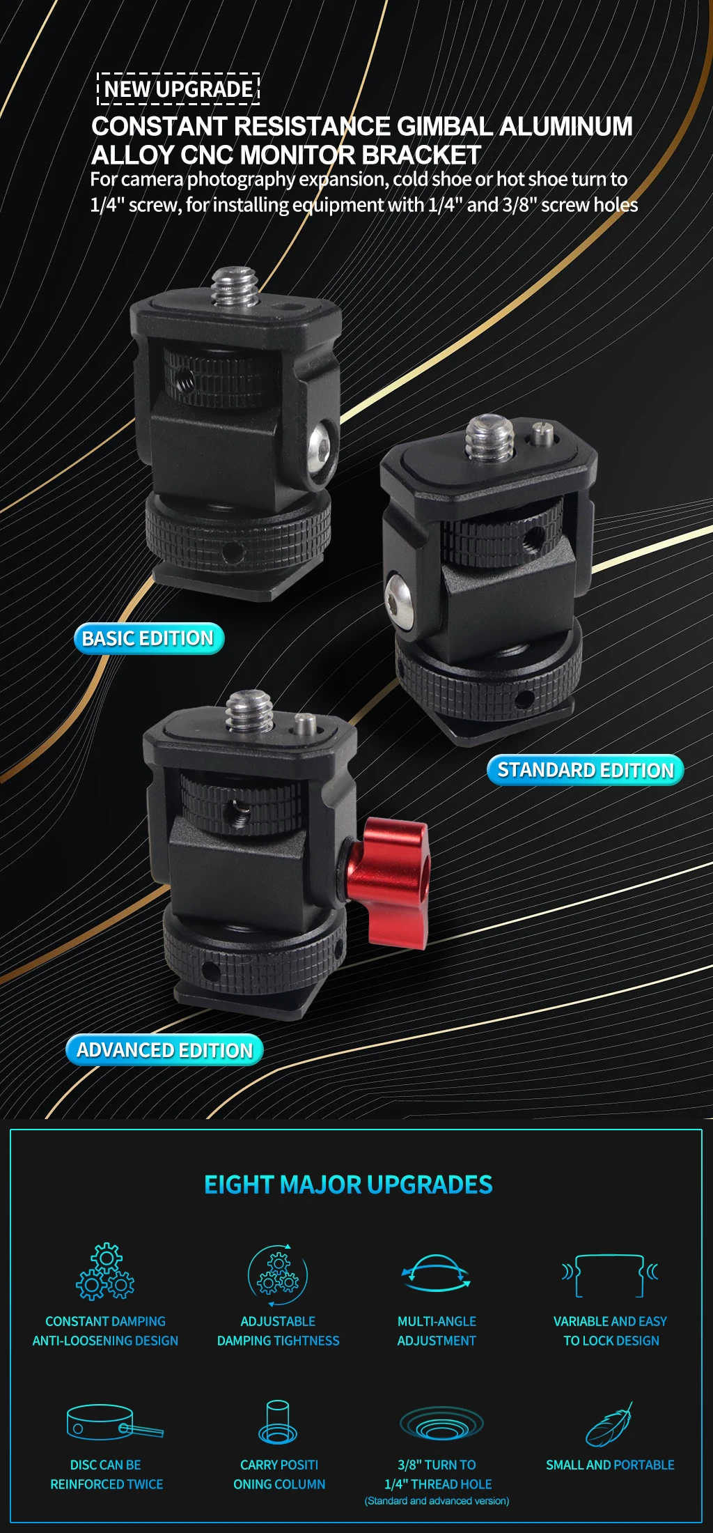Monitorhalterung, EVF-Montage, drehbar und neigbar, Kaltschuh, 1/4 Zoll Schraube, ARRI-Positionierungsstift, 3/8 Zoll Loch, für Kamerafeld, Mikrofon, Blitzlichthalterung – Detail 4