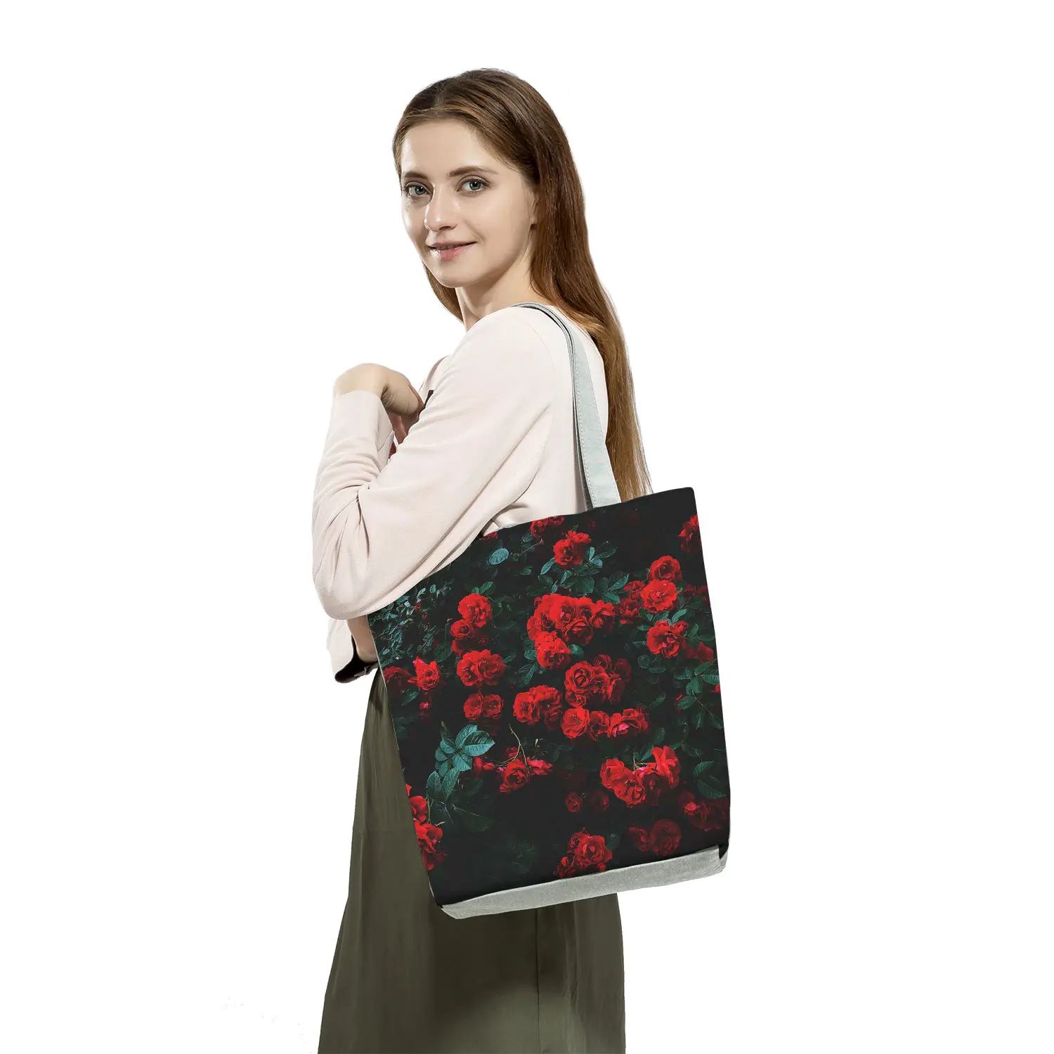 Valentine Gift Floral Rose Print Handbags High Capacity Women Totes Plant Design Eco Reusable Shopping Bags Travel Beach Bags