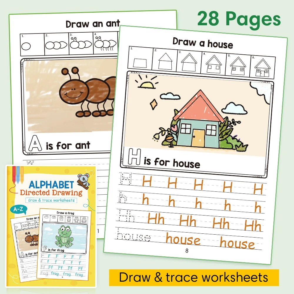 28 Pages A-Z Alphabet Workbook for Kids 26 Letters Tracing Directed Drawing Coloring Practice Book Homeschool Teaching Aids