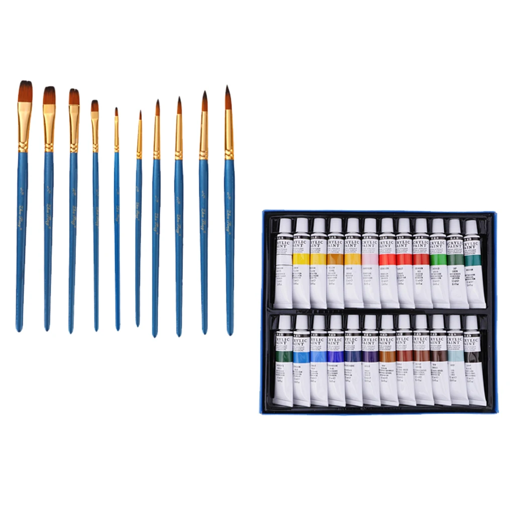 Acrylic Painting Kit Set 10pcs Nylon Brushes +24 Colors Tube Acrylic Paint