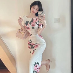 Summer Elegant Short Sleeve Bodycon Dress Women Sexy Split Floral Print Dresses Ladies Fashion Slim Elastic Long Party Vestidos
