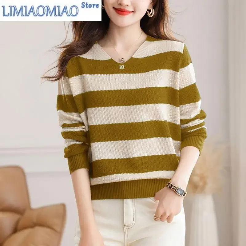 

Осень-зима, женская одежда с круглым вырезом, пуловер, полосатый фонарь, свитер с длинными рукавами и завинчивающейся резьбой, вязаные повседневные элегантные топы