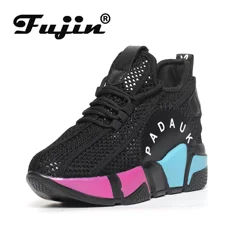 Fujin Genuine Leather Women Shoes 8cm Platform Wedge Air Mesh Breathable Comfy Shoes Sneakers Spring Autumn hidden heel