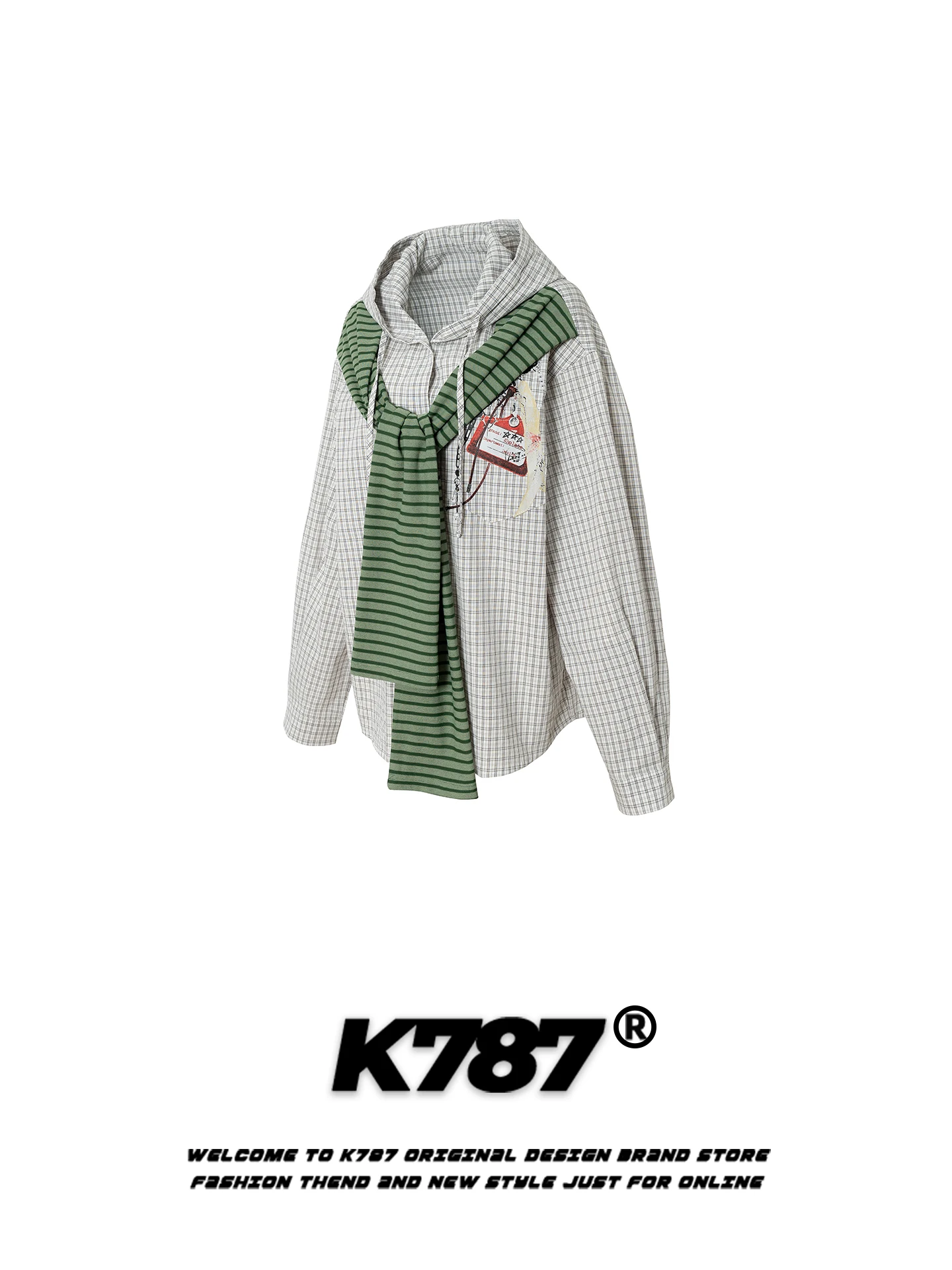 

K787 Japanese Sle Casual Striped irt Hooded Loose Fit Men's Women's Plaid Early Spring Couple's Hoodie irt Cotton Polye...