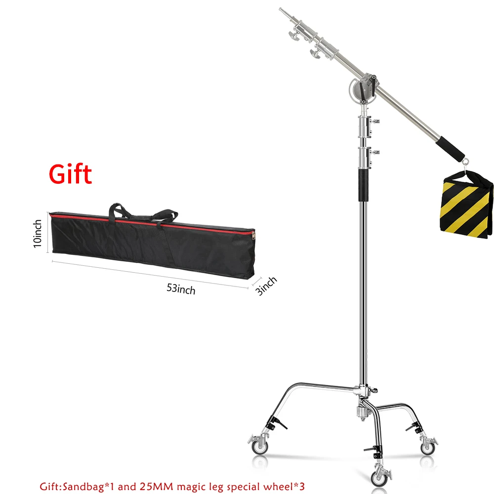 Stainless Steel Heavy Duty C Stand with Boom Arm Max Height 260cm Photography Light Stand with 107cm Holding Arm 2 Grip Head