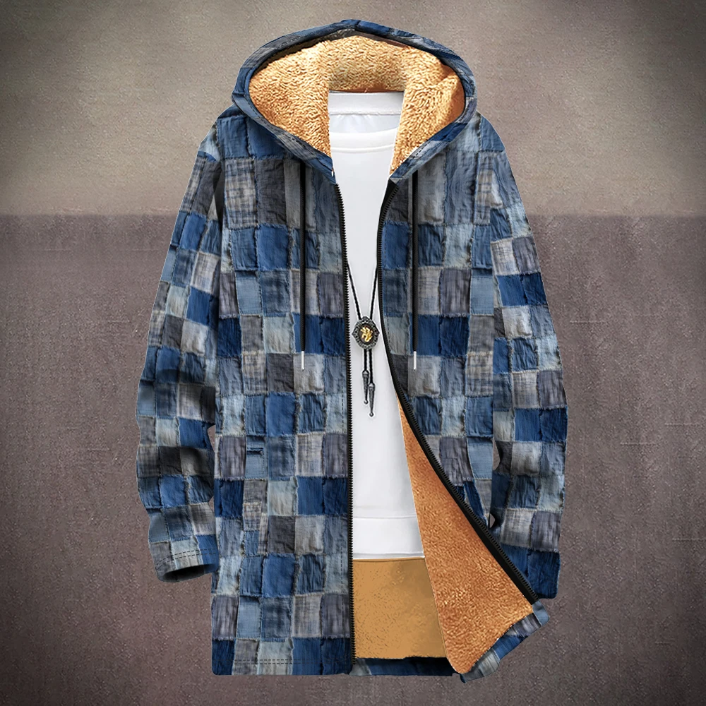 

Unisex Blue Plaid Fleece Lined Hooded Jacket Vintage Checkered Coat with Soft Lining Trendy Streetwear for Autumn Winter