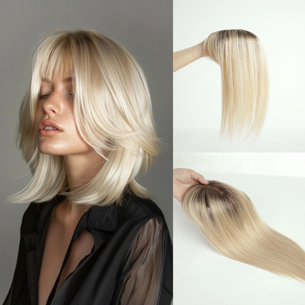 

Brown Blonde Ombre 14 Inch Silk Base Human Hair Topper Remy Hair Clip In Top Piece for Women with Bangs Extensions for Thinning