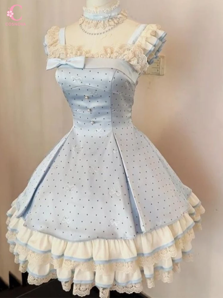 

Japanese Sweet Lolita JSK Dress Women Light Blue Polka Dot Ruffle Flutter Sleeve High Waist Tiered Luxury Princess Mini Skirt
