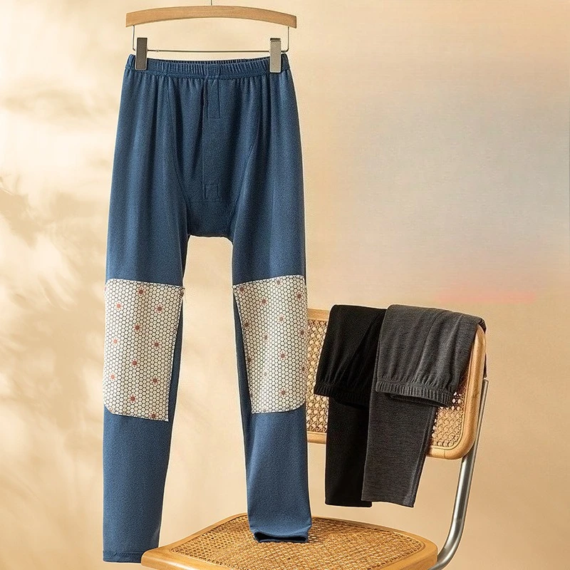Warm Men's Thermal Leggings Graphene Patch Knee Pads Slim Single Fleece-Lined Base Layer Bottoms Leggings Comfort Elastic Pants