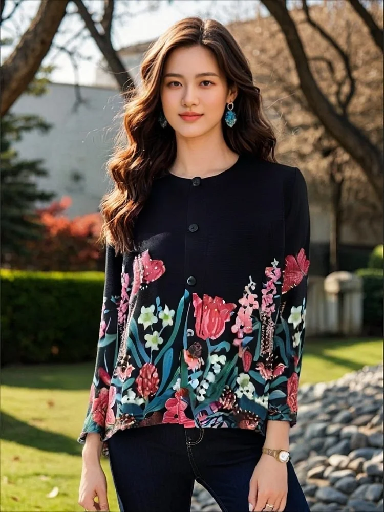 

Miyake Fold 2025 New Shirt Women's Round Neck Loose Temperament Casual Printed Cardigan Top Versatile Commuter Shirt Autumn