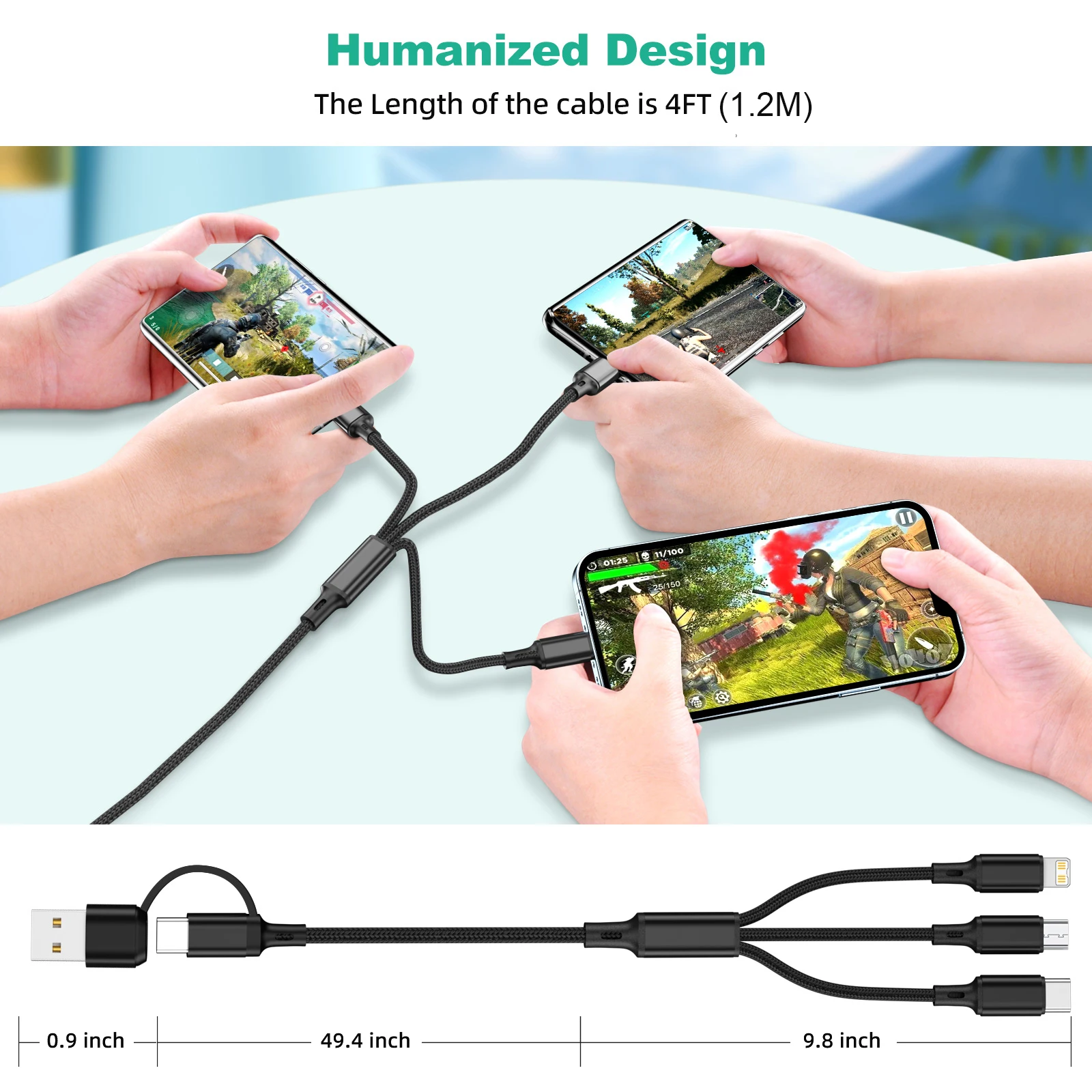 كابل شحن سريع USB 3 في 1 من النوع C Micro لكابل شاحن IOS متعدد لهاتف iPhone Huawei Samsung سلك مضفر متعدد من النايلون