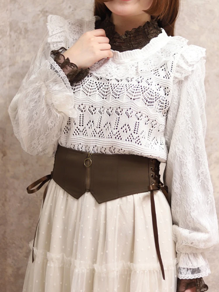 

Ретро-свитер из трикотажа с кружевными вставками и ажурным круглым вырезом, дышащий, удобный, из полиэфирного волокна, женский топ.