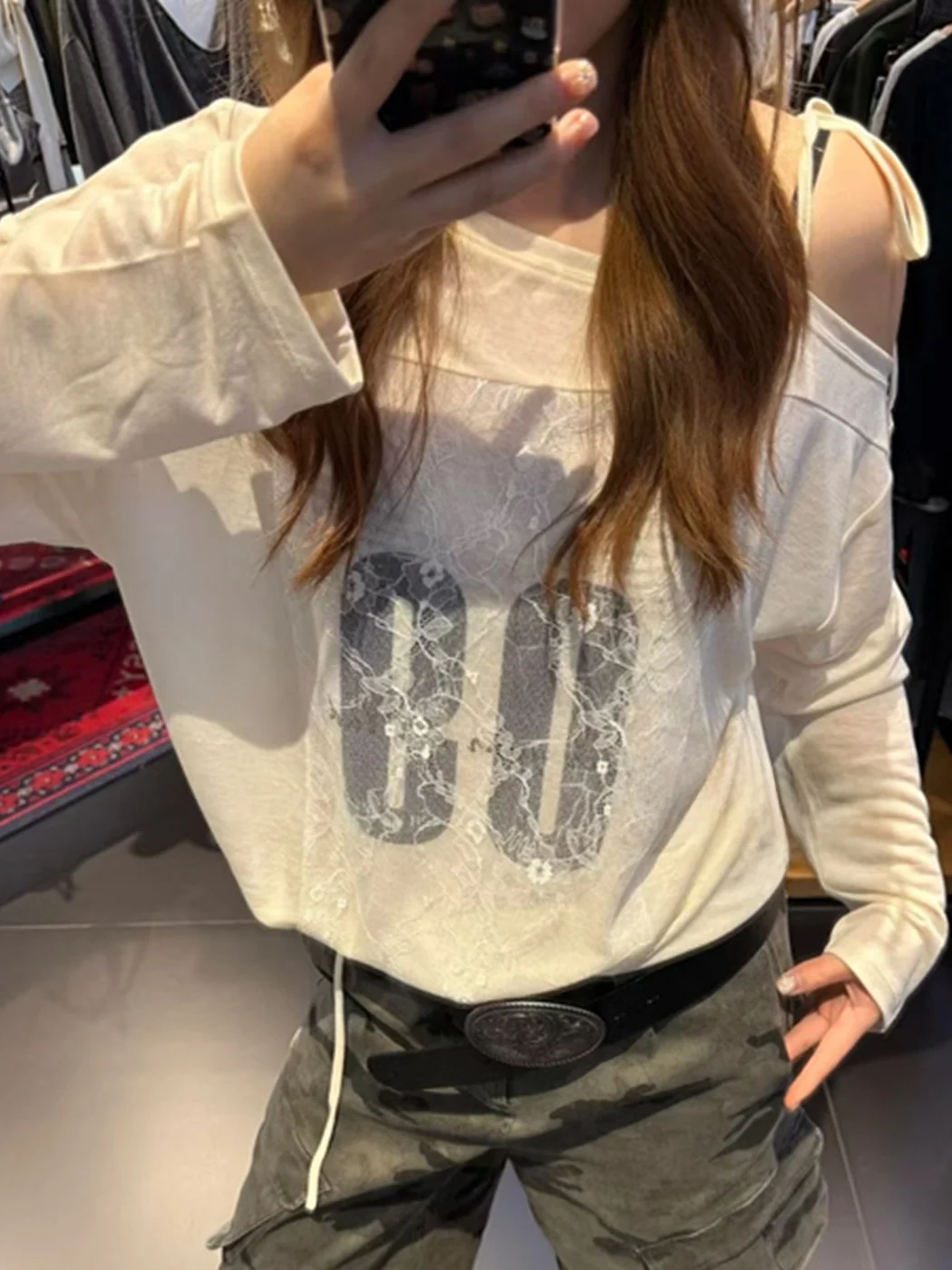

Japanese Style Sweet Spicy Lace T-Shirt Shoulder Bared Splice Belted Loose Fit Long Sleeve Women's Fashion Spring Summer 2026