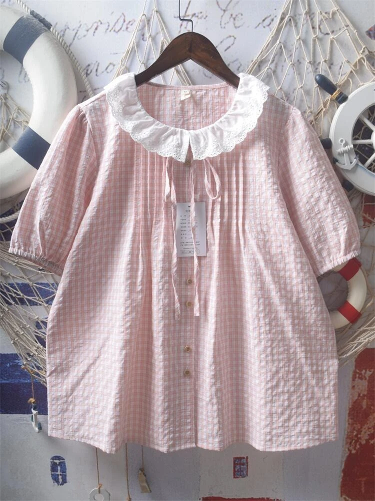 

Deeptown Japanese Style Kawaii Blouses Women Sweet Lolita Lace Up Tops Pink Plaid Shirts Shoujo Girl Aesthetic Short Sleeve Tops