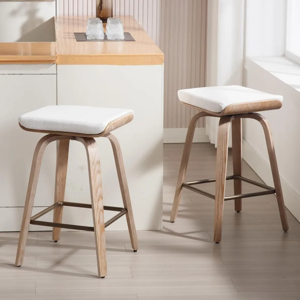 

Swivel Bar Stools Set of 2 for Island Kitchen, 26 Inch Modern Backless Wood Counter Height Bar Stools Linen Upholstered 360 Swiv