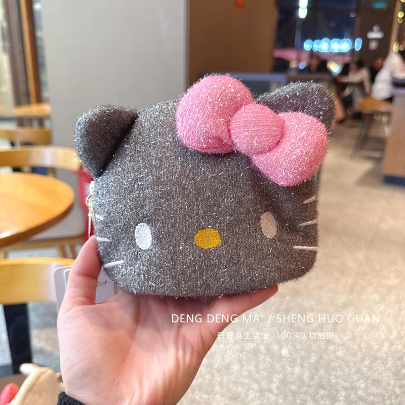 Sanrio Hello Kitty Peluche Bowknot Flash Fili d'argento Portamonete Rossetto Storage Pochette Borsa interna portatile da viaggio Regalo per ragazza