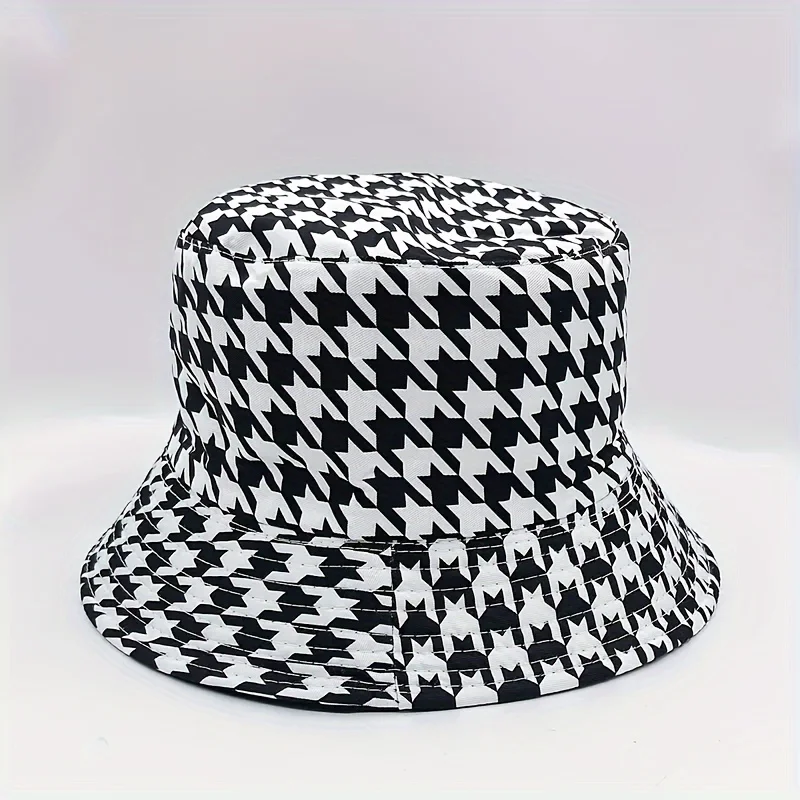 2 pcs set Classic Houndstooth Print Bucket Hat Sunscreen Basin Lightweight Fisherman Cap for Women And Men