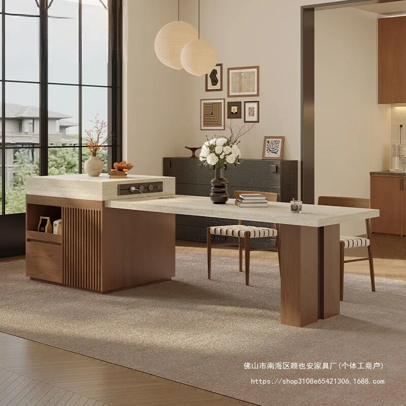 

Средневековый обеденный стол с ветровым островом, встроенный бытовой высококачественный кухонный средний направляющий стол, направляющий стол из травертина, каменная плита