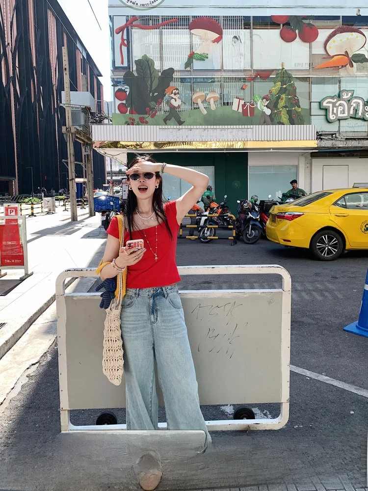 

Синие прямые джинсы с высокой талией, удобные повседневные женские летние брюки с широкими штанинами, хлопковые стрейчевые джинсы